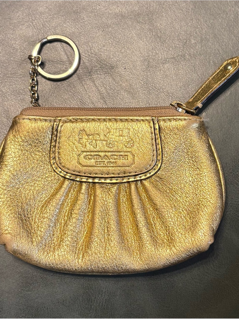 Coach Metallic Gold Leather Mini Coin Pouch with Key Ring